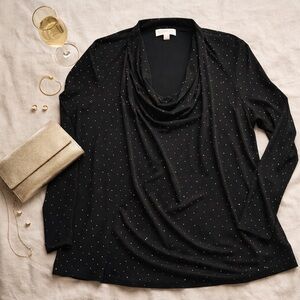 Michael Kors Black Rhinestone Cowl Neck Top 3X | Quiet Luxury Glam